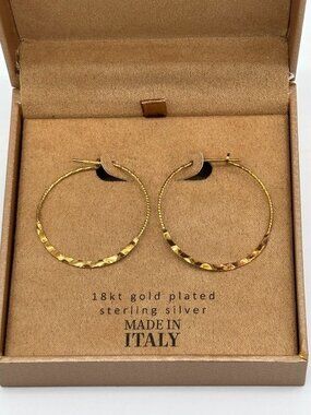 18KT Gold Plated Sterling Silver Hoop Earrings Hammered Made in Italy 1.25" Long